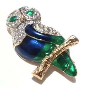 Gold Tone Enamel and Rhinestone Owl on Branch Brooch